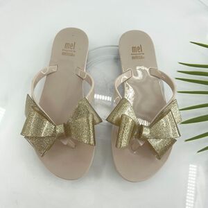 Melissa Womens Sandal Size 3 Harmonic Gold Beige Light Jelly Thong Glitter Bow